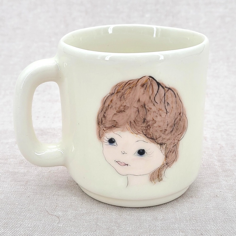 Vintage Mug with Hand Painted Young Girl Portrait Brown Curly Hair, Blue Eyes